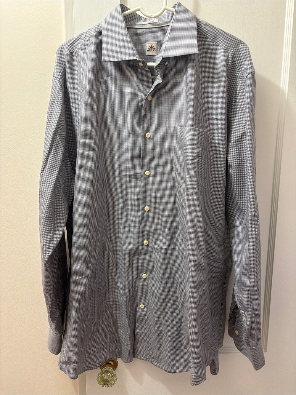Peter Millar Button Down Men XL Blue Brown Plaid Check Long Sleeve Dress Shirt